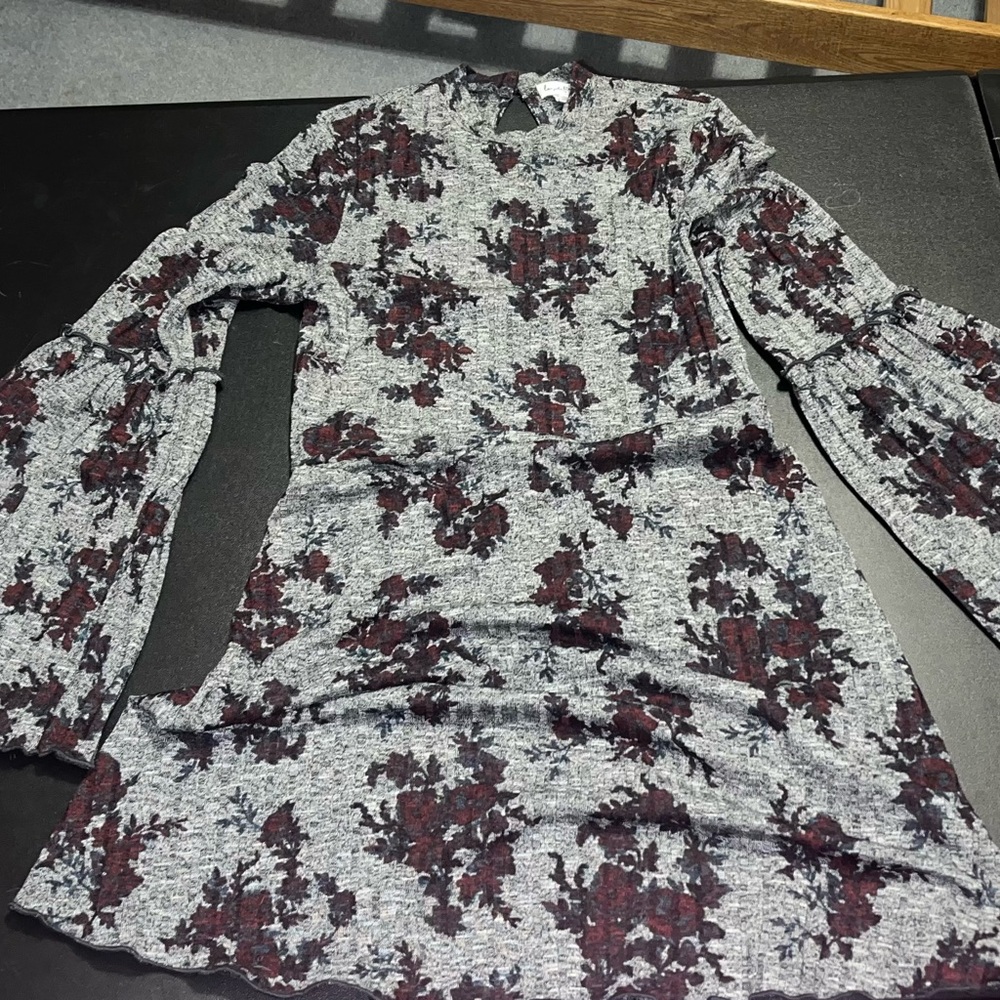 love, Fire Gray and Burgundy Floral Long Sleeve Dress